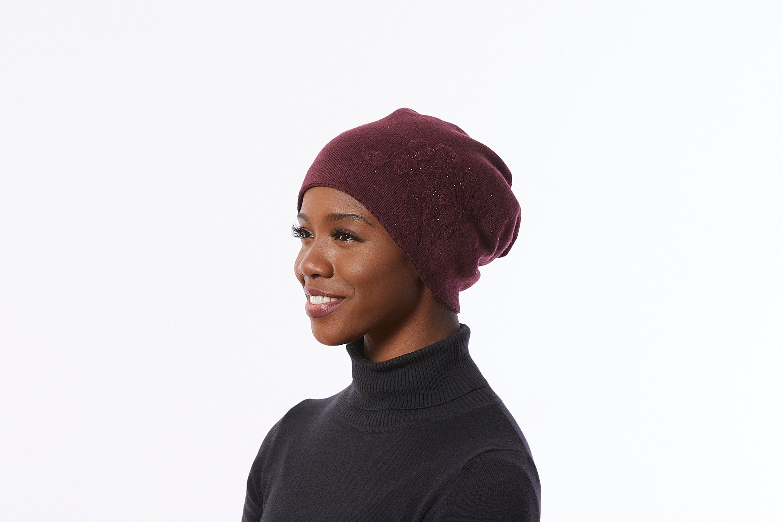 Cashmere Blend Hat in Burgundy, Beanie Hat With Flower, Slouchy Winter Hat, Burgundy Knit