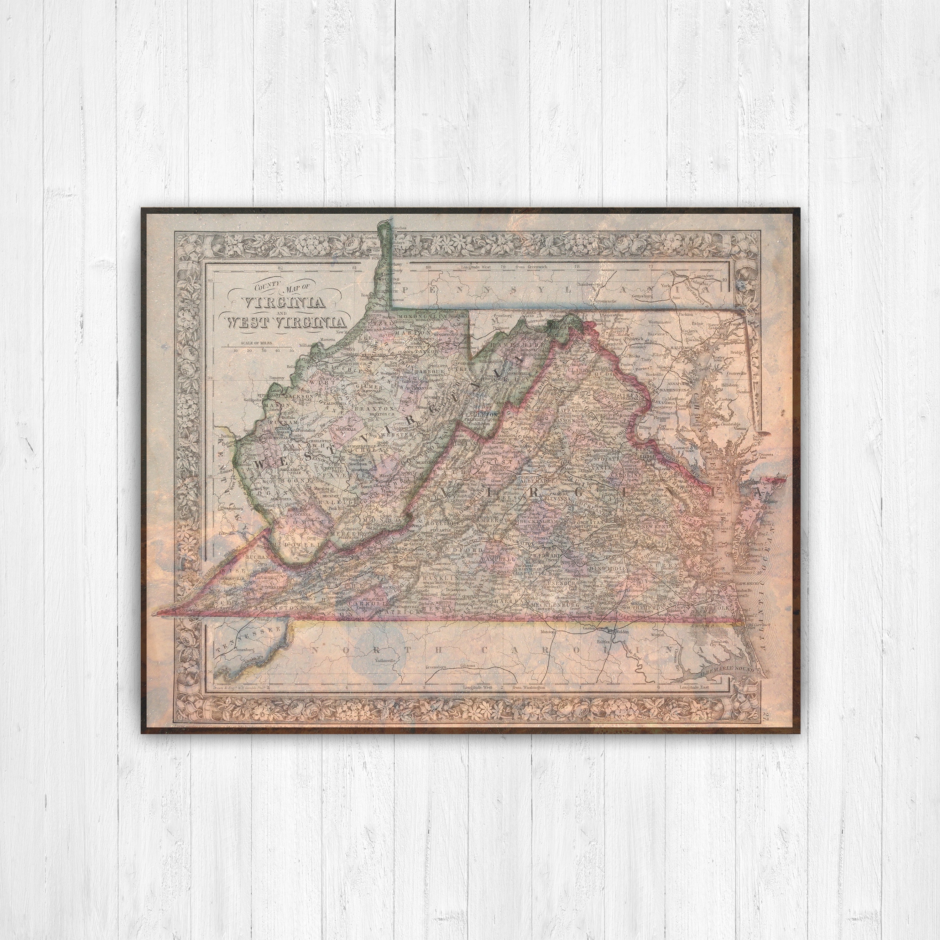 West Virginia/Virginia Antique Color State Map Print | Virginia Canvas Art Printed Marketplace