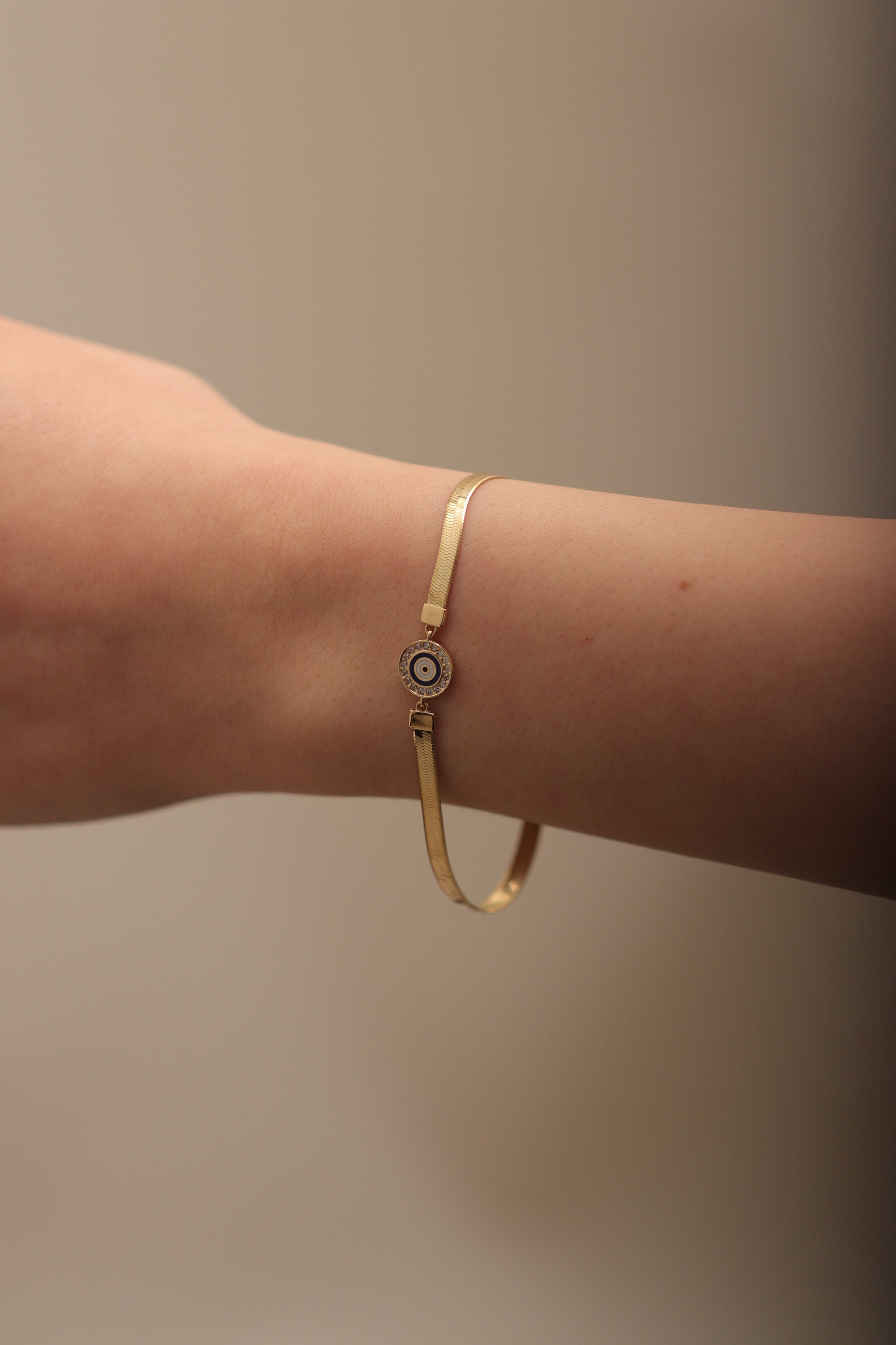 14K Gold Eye With Gemstones Herringbone Bracelet/Handmade Round Chain Available in Gold, Rose & White