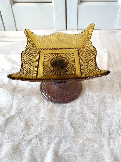 Vintage Studio Silversmiths Gold & Purple Glass Dish ~ Pedestal Base 4" Tall