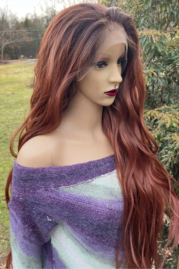 Natural Hairline Human Hair Blend Lace Front Dark Roots To Copper Daily Wig