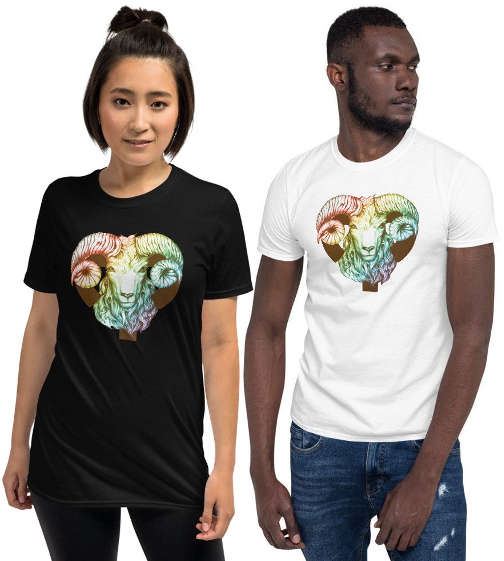 Aries Zodiac Illustration Astrological Sign Unisex T-Shirt | Astrology Horoscope Birthday Gift Tee Constellation Symbol Tshirt Rainbow Ram