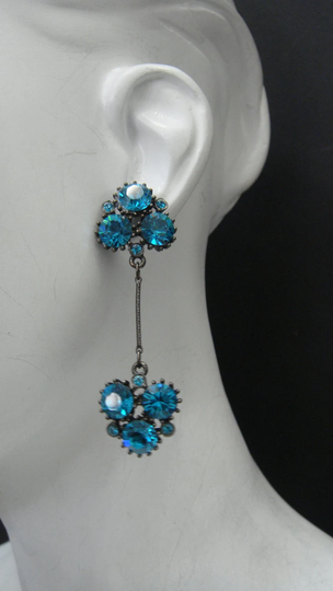 Cluster Stick Dangle Earrings Made With Blue Zircon(Dark Aqua Swarovski Crystals