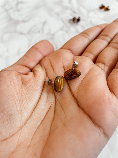 Tiger Eye Stud Earrings, Ethically Sourced Polished Tigers Black Owned Healing Crystal Post Earrings
