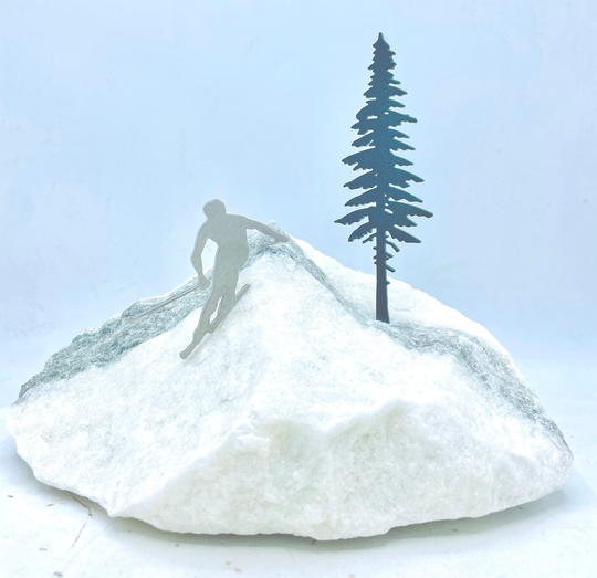 Ski Sculpture Stainless Steel Mounted On Vermont Marble. 2 Pines Really Pops Making This A Unique & Gorgeous Piece For Home/Office. Skiing