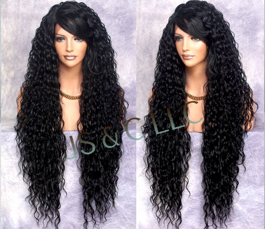 Black 38" Extra Long Human Hair Blend Full Lace Front Wig Beautiful Water Waves N Feathered Bangs Heat Ok Cancer Alopecia Theatrical Anime