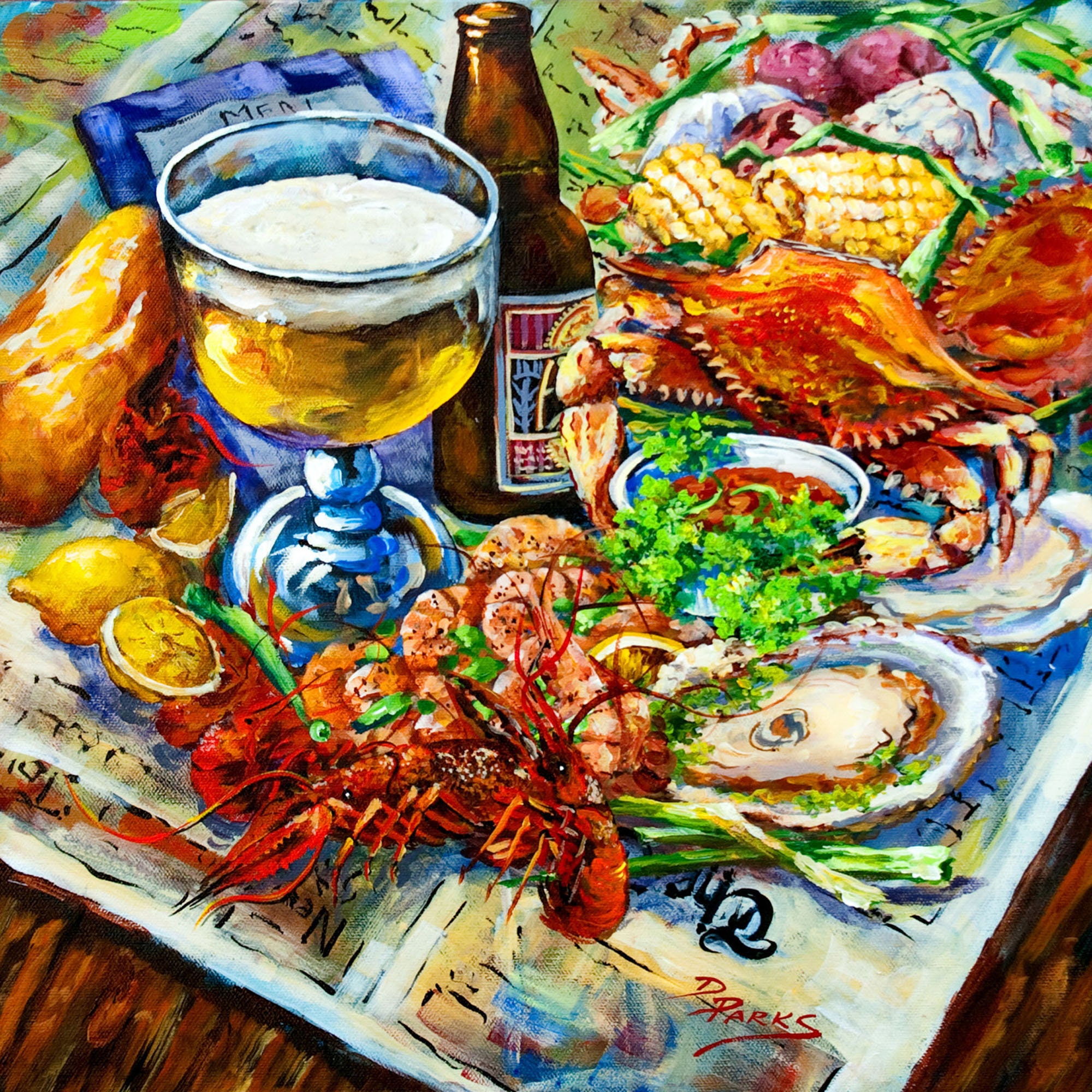 Seafood Print, Crawfish, Oysters, Crab, Shrimp, New Orleans Table - Four Seasons Of Painting "Louisiana Seasons'