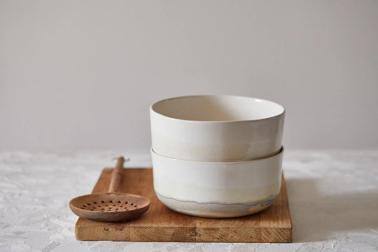 Two Ceramic Noodles Bowl, Ramen Pottery Serving Japanese Asian Style, Salad Nesting White & Stoney Dinnerware Set