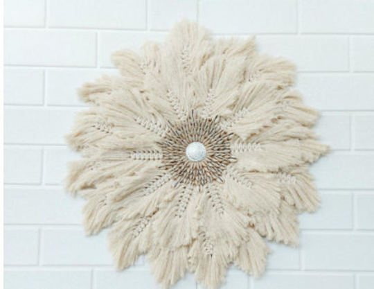 Beige Cream Macrame Handmade Feather/Leaf Boho Wall Hanging 40 cm Diameter