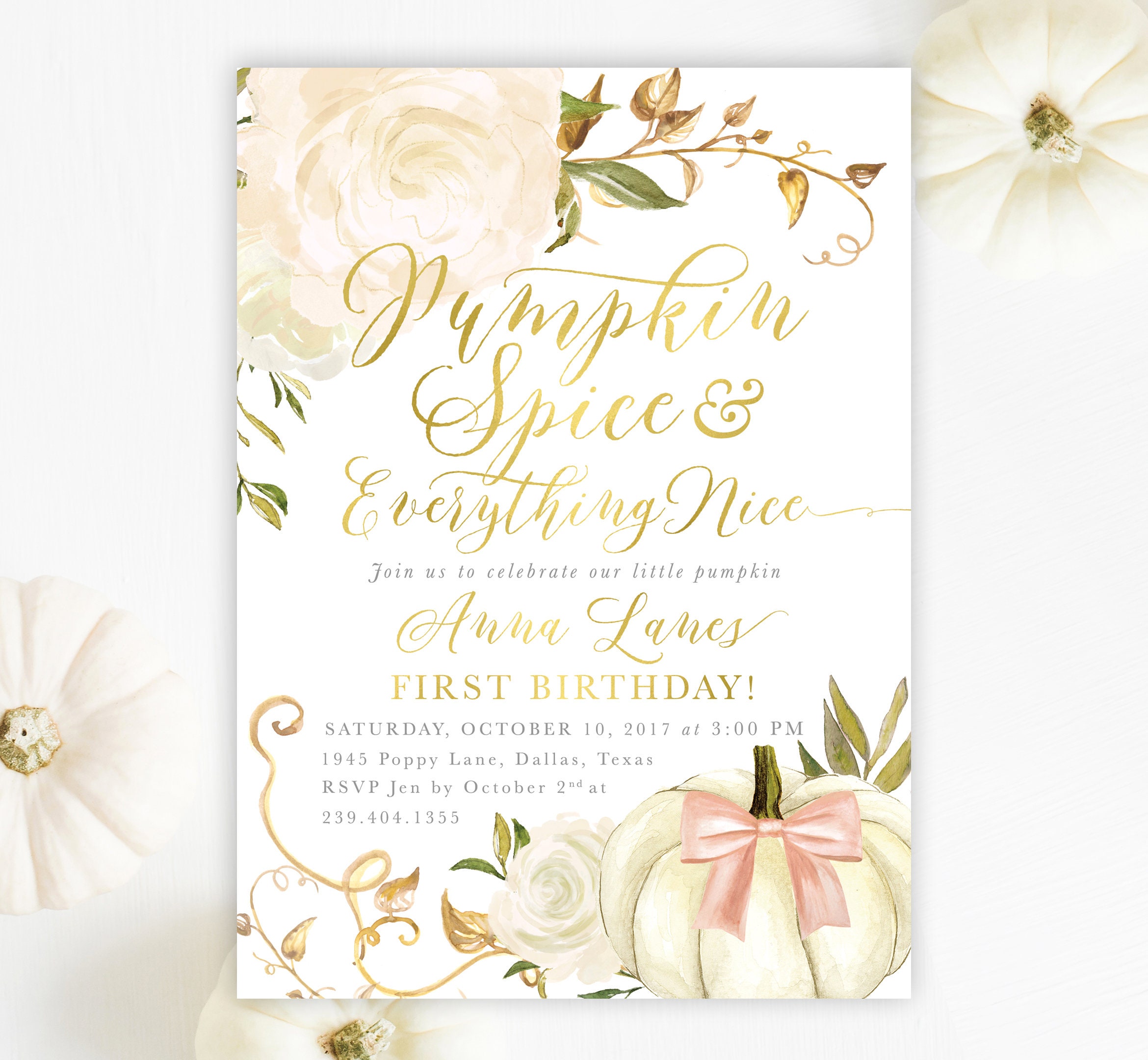 Pumpkin Spice & Everything Nice Birthday Invitation, Fall Girl Invite, First Party, Any Age, White Rose - 2