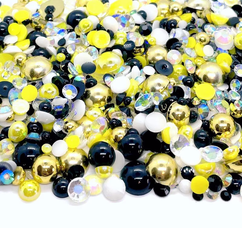 Queen Bee Blend Rhinestone Mix 2mm-10mm Flatback Jelly Resin | Faux Pearls Rhinestones Mixed Sizes, Yellow Black White Gold