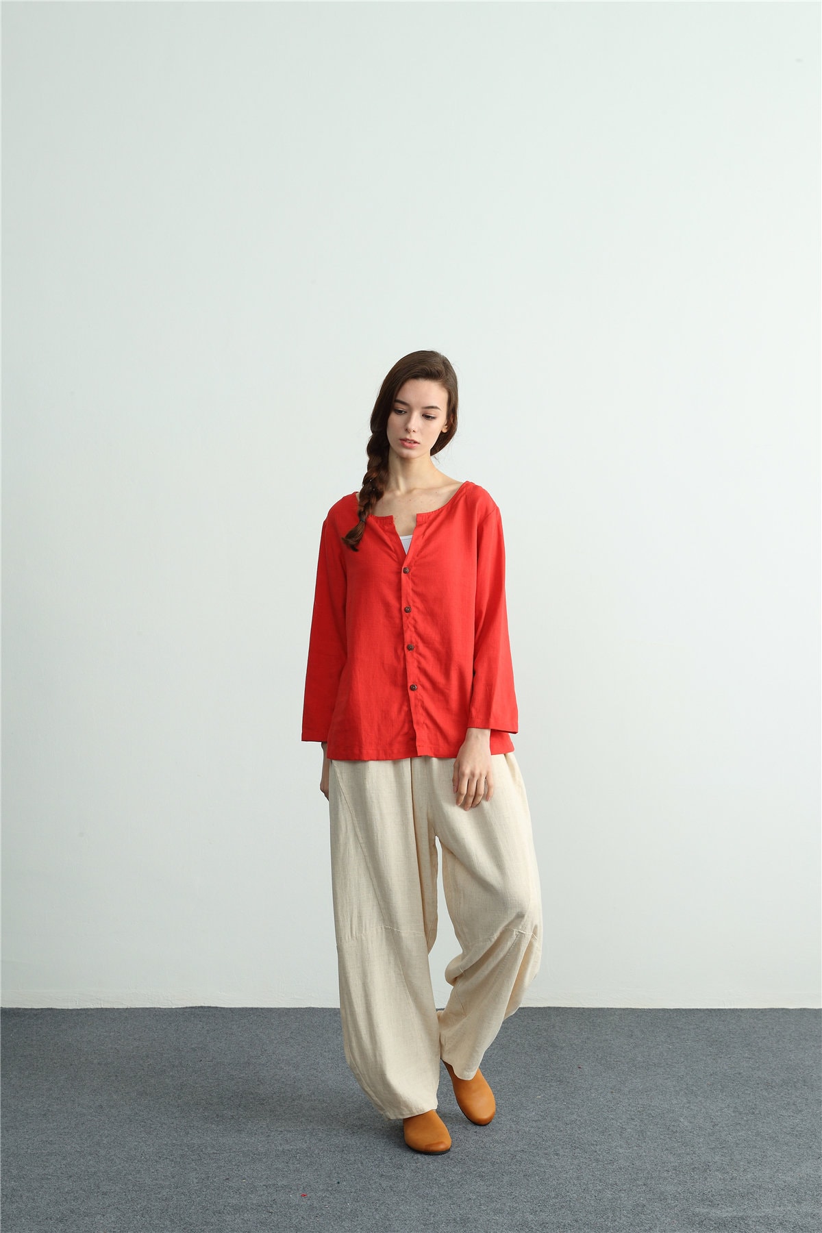 Women's Linen Cotton Long Sleeves Shirt Linen Blouse Tops For Plus Size Pullover Summer Top Large Oversized E01