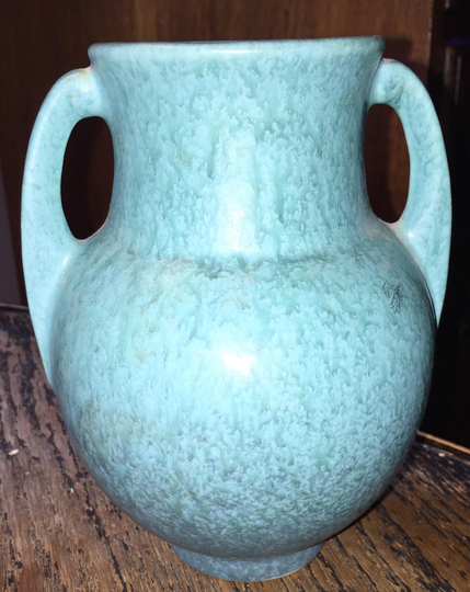 Roseville Tourmaline Vase Turquoise Vellum Matte Glaze Antique Arts & Crafts Deco Mission 6.5" Double Handled Bulb 1933
