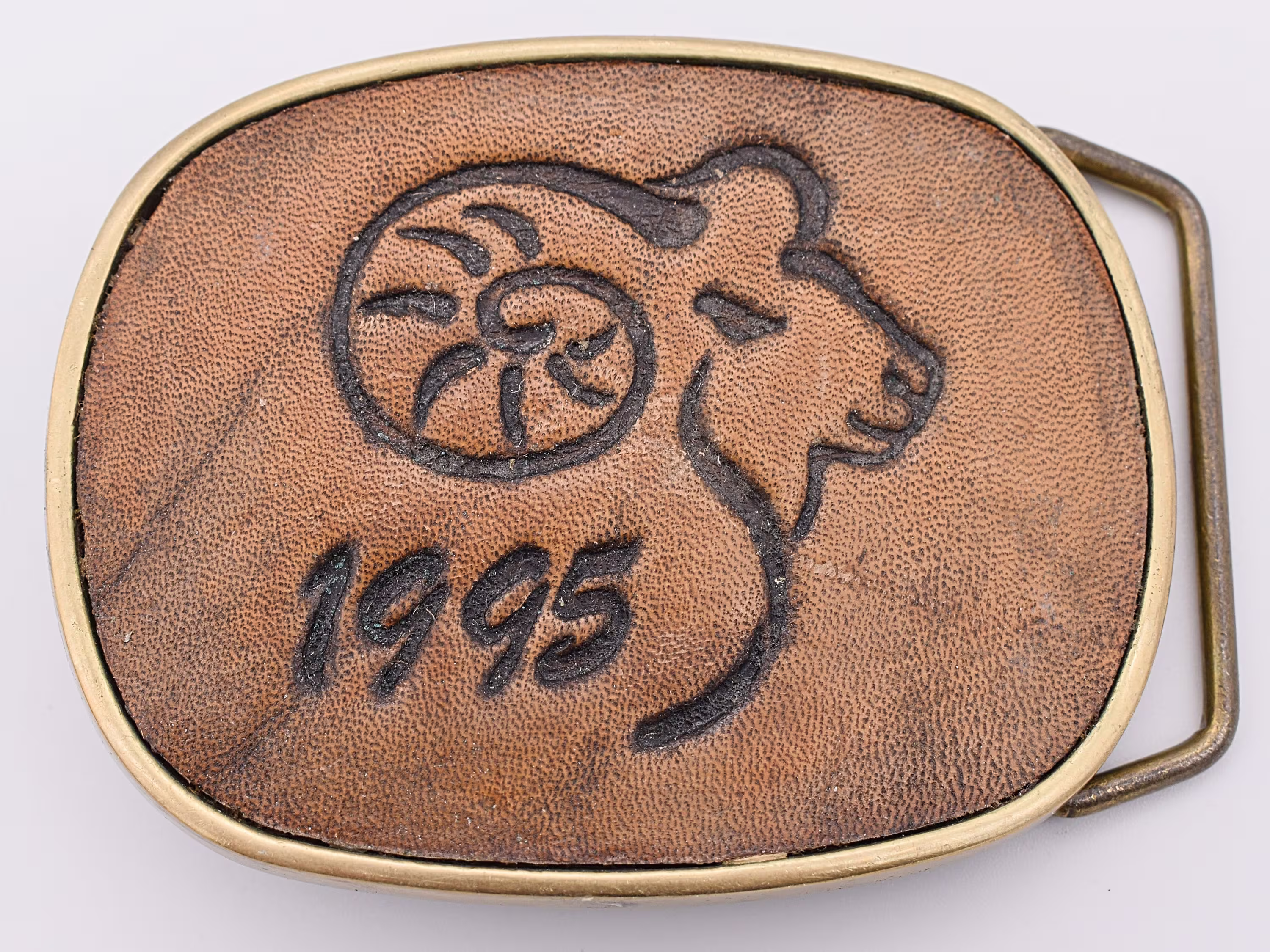 Ram 1995 Solid Brass & Leather Vintage Belt Buckle