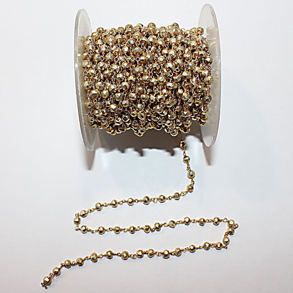 Pyrite Gold Coated Beads 4mm Rosary Chain, 24K Plated Over Silver Wire Wrapped Natural Semi Precious Gemstone Jewelry Making Chain