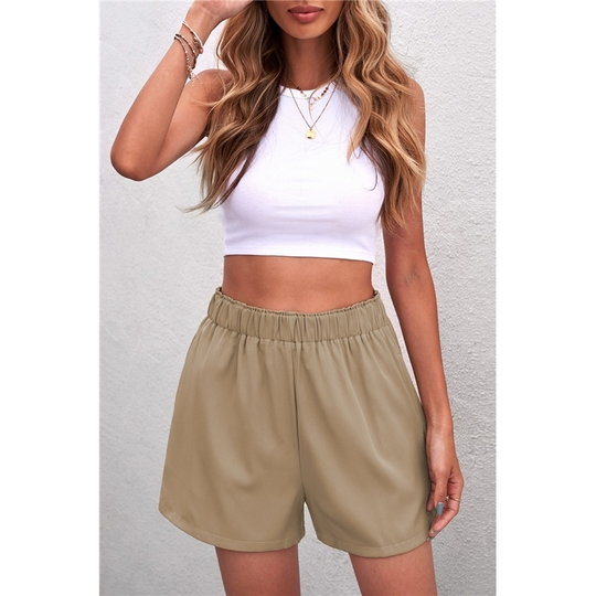 Khaki Cotton Blend Pocketed High Rise Shorts - khaki, (us 12-14)l - (us 12-14)l beige