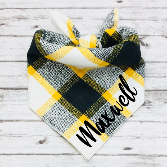 Gold & Black Plaid Dog Bandana, Tie-On Iowa Pittsburgh Missouri Boston By Bizzymamas