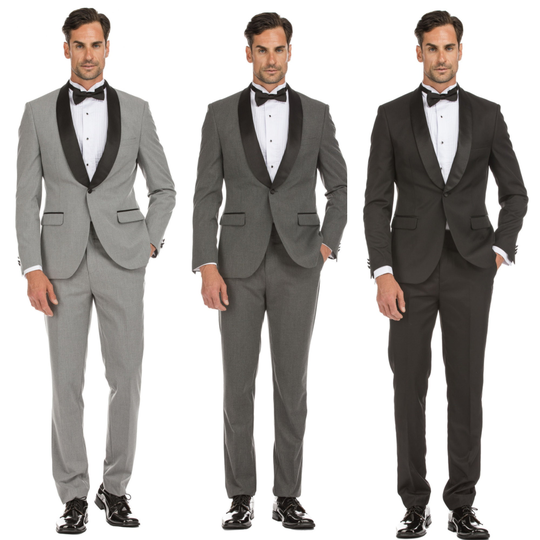 Porto Filo Men's Shawl Lapel 2-Piece Tuxedo With Strech Material in Color Lt Gray, Dark Gray & Black