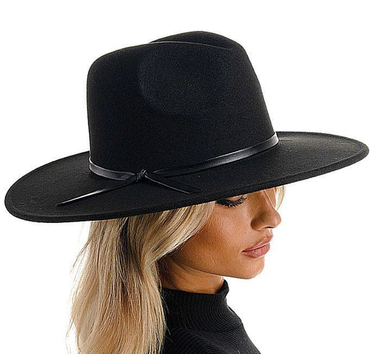 Black Wide Brim Fedora Hat Wool Blend Panama Flat Stiff Stylish Boho Fashion For Women Party Dress Vacation Holiday Gift