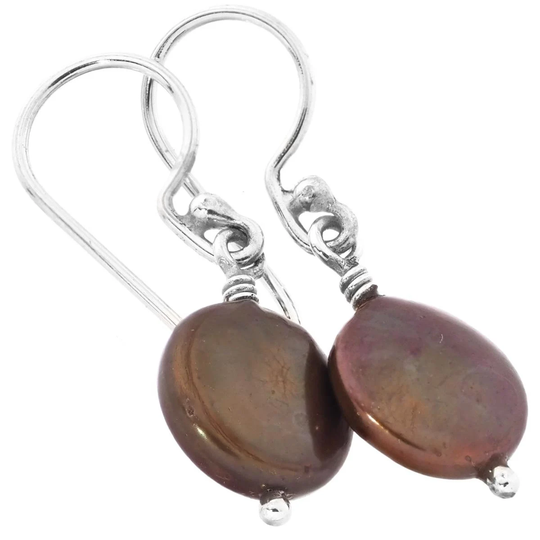 1/2" Golden Copper Biwa Freshwater Coin Pearls 925 Sterling Silver Earrings