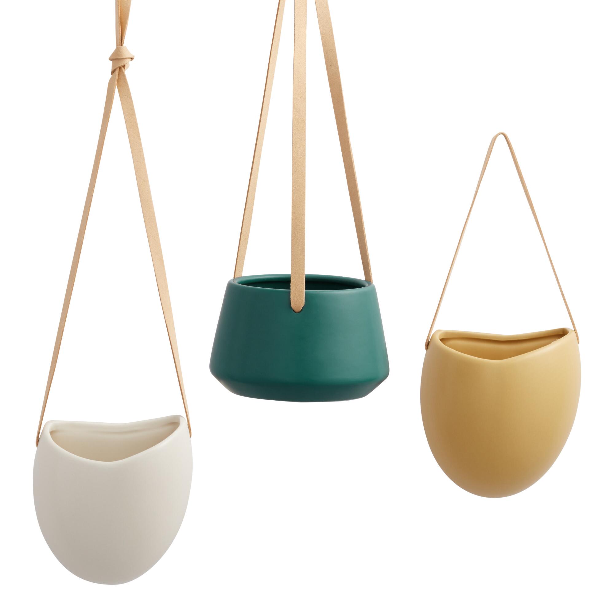 Ceramic Hanging Wall Planter With Leather Strap Collection by World Market