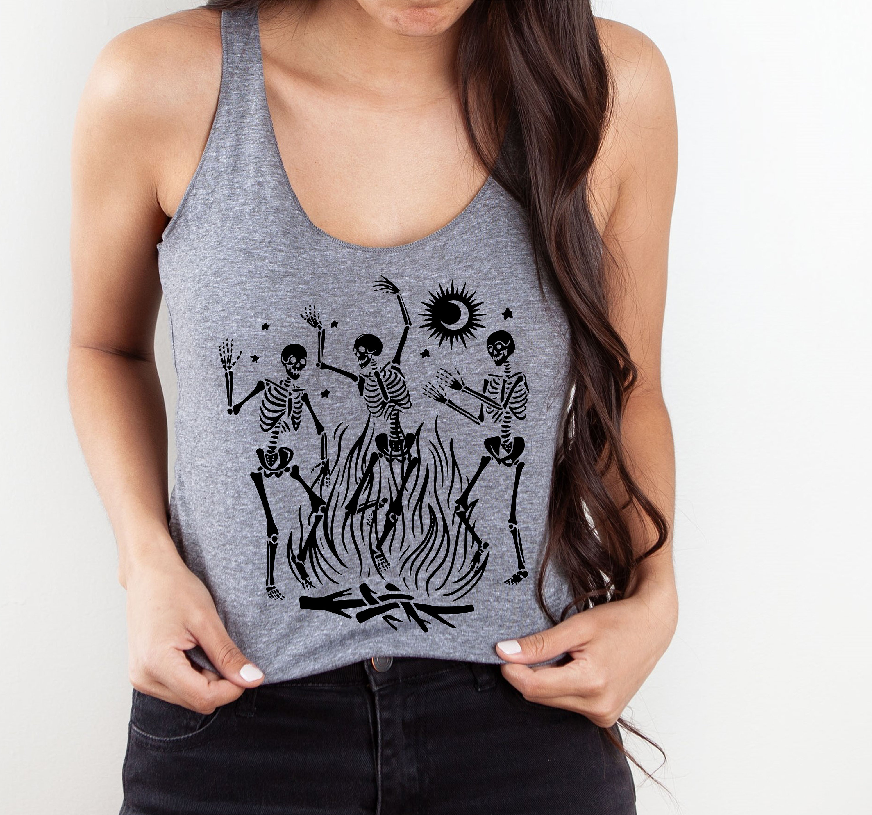 Womens Racerback Halloween Campfire Skeletons Hippie Witches Dancing Tank Top