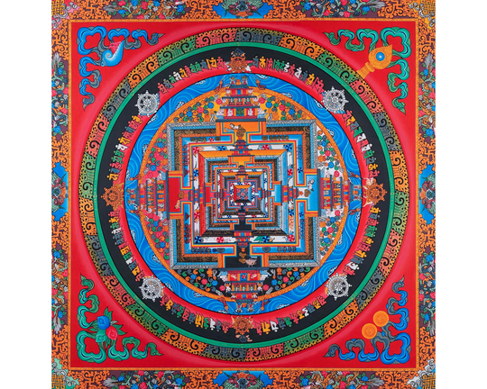 Big Size Red Colored Kalachakra Mandala Thangka With Dragon Motif | Original Hand-Painted Wheel Of Time Wall Decor Religious Gift