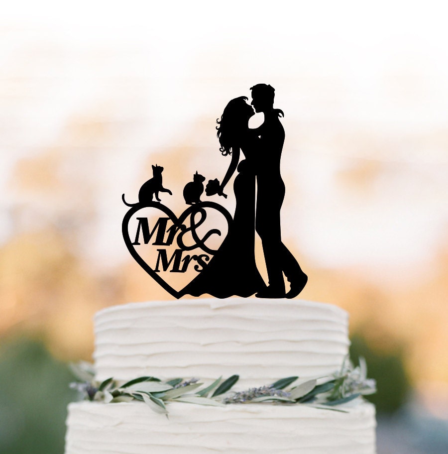 Bride & Groom Wedding Cake Toppers With Two Cats, Mr Mrs Cake Topper