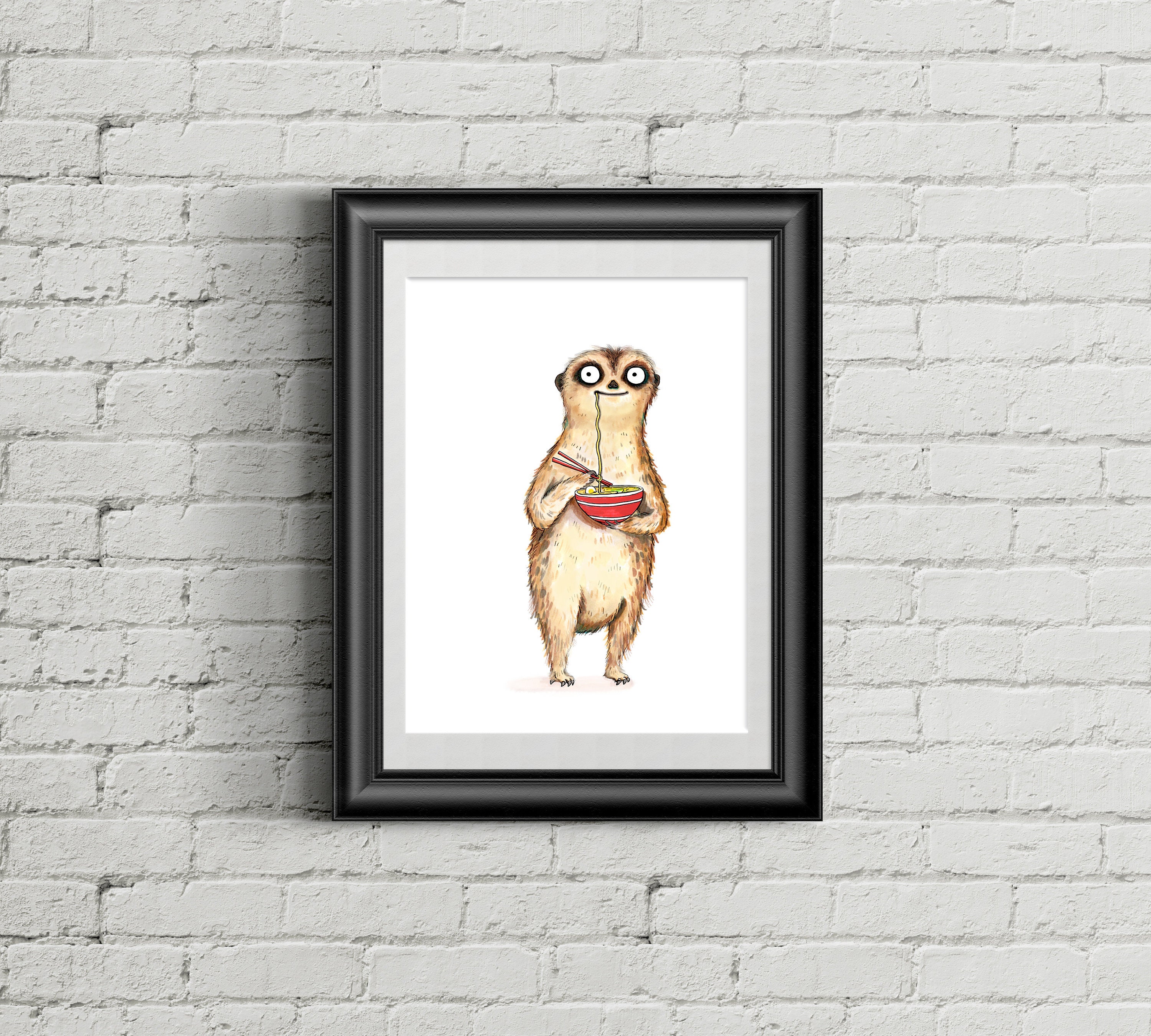 Meerkat With Noodles Painting, Cute Meerkat Art, Ramen Illustration, Funny Cat Kids Room Art