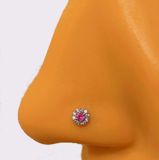 Round Cz Paved Nose Stud, L Shape Rings, 20G Pins, 14Kt Gold Nosering