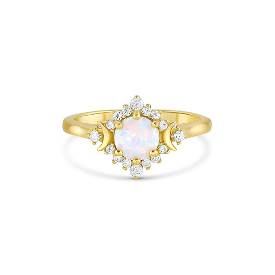 Hai 14K Gold Opal Ring Celestial Crescent Sterling Silver Natural Engagement Women Filled Jewelry Vintage Art Deco Promise