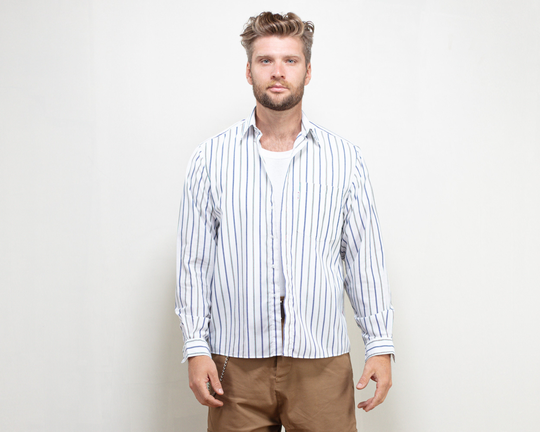 striped Long Sleeve Shirt Cotton Blend Mens Vintage 90S Long Sleeve Casual Everyday Vertical Button Down Size Small S