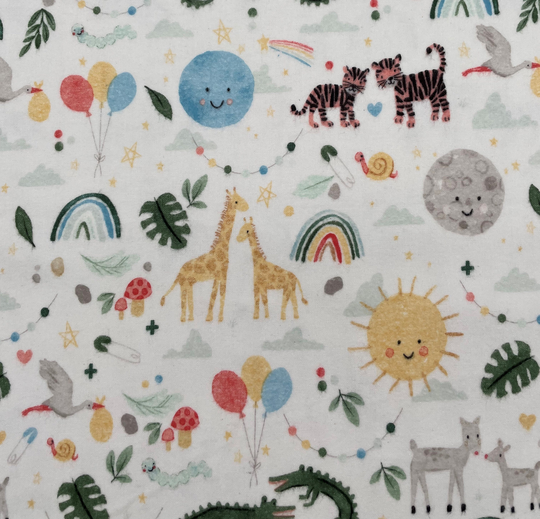 989 Flannel Fabric By Riley Blake White Background With Blue Rainbows Balloons Mom & Baby Animals Sold The Yard