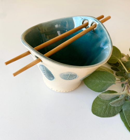 Ceramic Noodle Bowl With Chopsticks, Handmade Ramen Or Rice in Teal Green