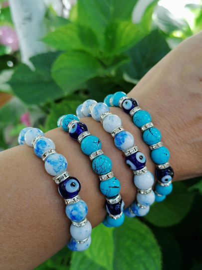 Evil Eye Bracelet, Stretchable Jewelry, Turquise Bead, Murano Glass Eye, Protection, Turkish Nazar