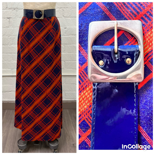 Vintage 60S 70S Navy Orange Knit Plaid Maxi Skirt W Mod Vinyl Belt Xs