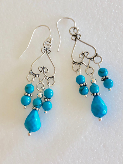 Turquoise Chandelier Earrings, Howlite Teardrops, Delicate Chandeliers, Boho December Birthstone, All Sterling Silver