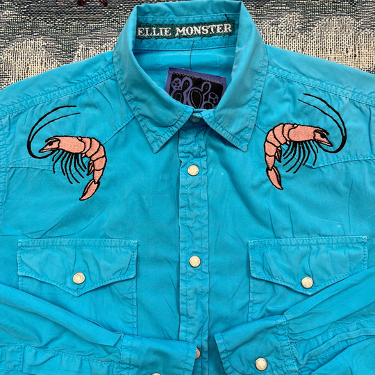 Mens Small Long Sleeve Shrimp Embroidered Vintage Western Shirt Prawns