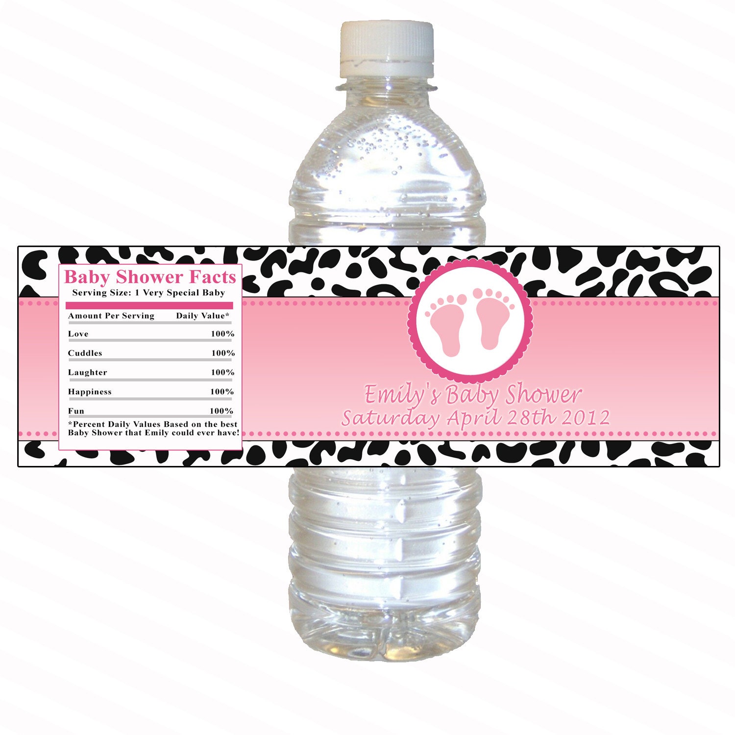 Printable Personalized Leopard Water Bottle Labels Wrappers - Party Baby Girl Shower Baptism Custom Wraps Hot Pink Feet Treads Jungle Safari