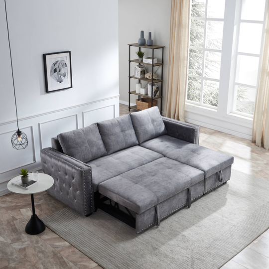 Clihome Sofa with Pulled Out Bed Modern Gray Polyester/Blend Sleeper | CY-01WGR