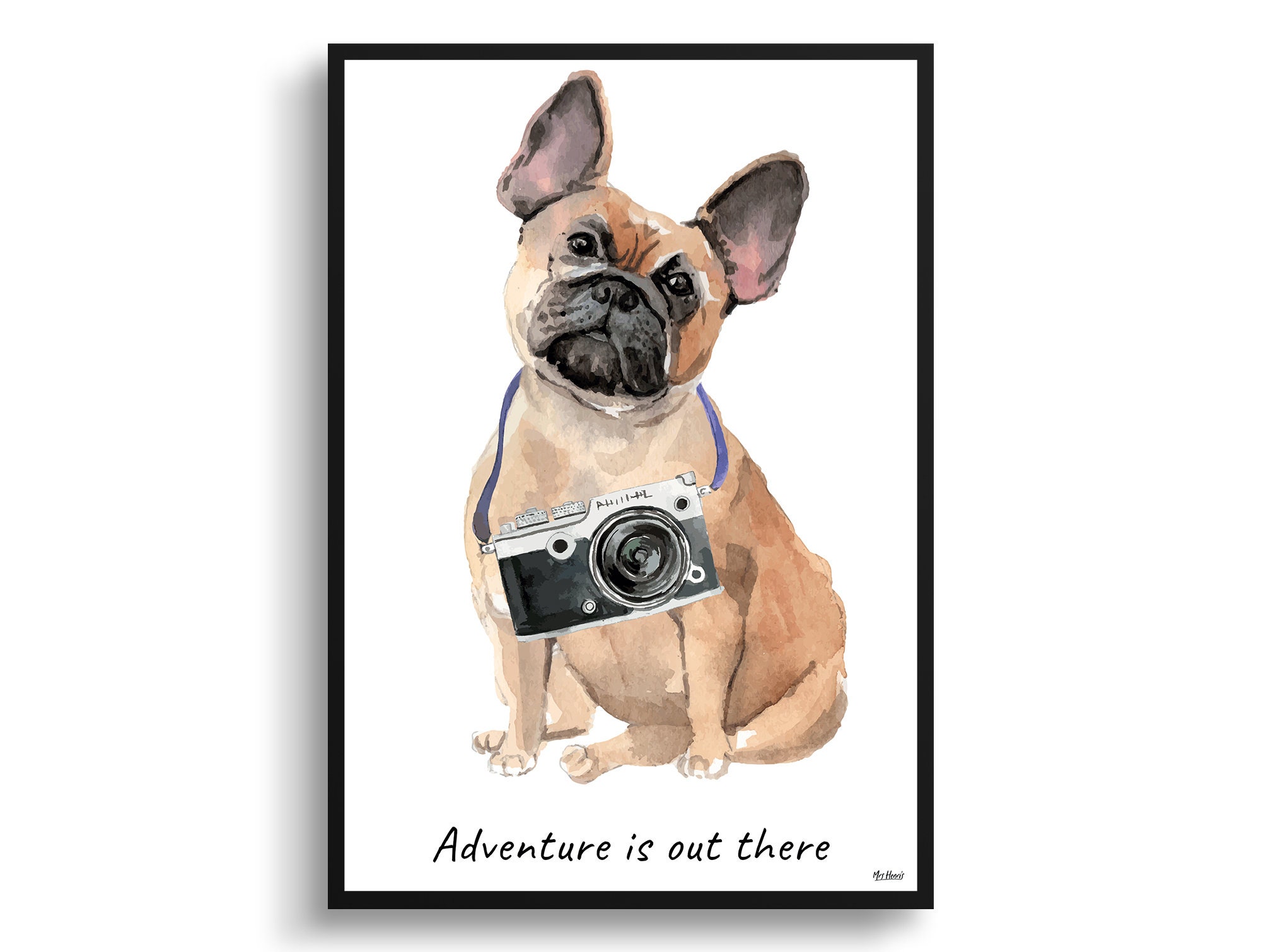 Adventure Is Out There French Bulldog Print Illustration. Framed & Un-Framed Frenchie Wall Art Options. Personalised Name