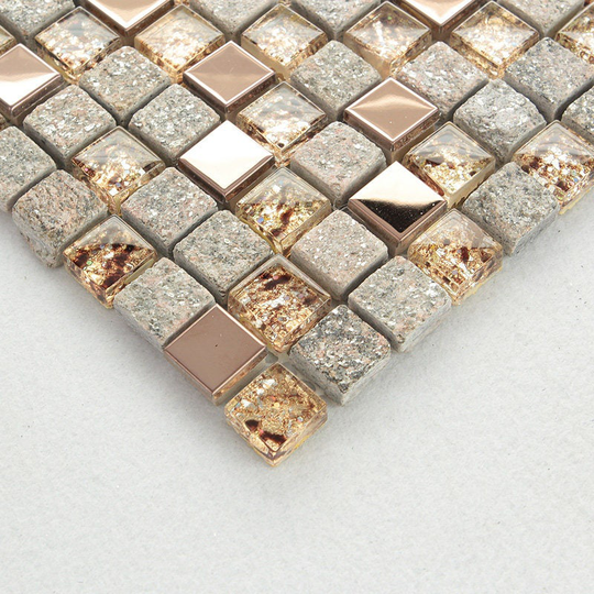 Rose Gold & Gray Stone Mosaic Mixed Glass & Stainless Steel #ox022 Bathroom Wall Decor Kitchen Backsplash Tile