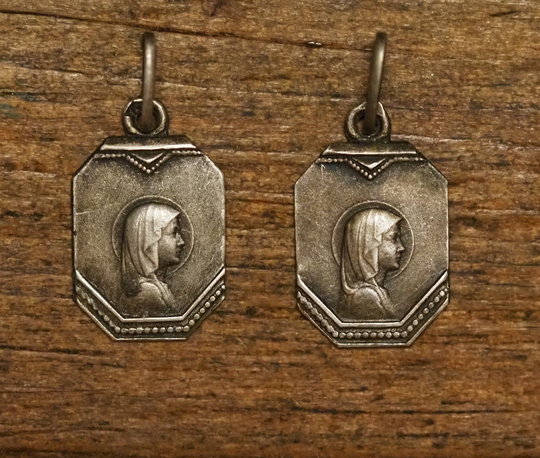 Two Antique Art Deco Religious Hall Marked Silver Medal Pendant Of Mary ~Very Nice To Make Earrings From