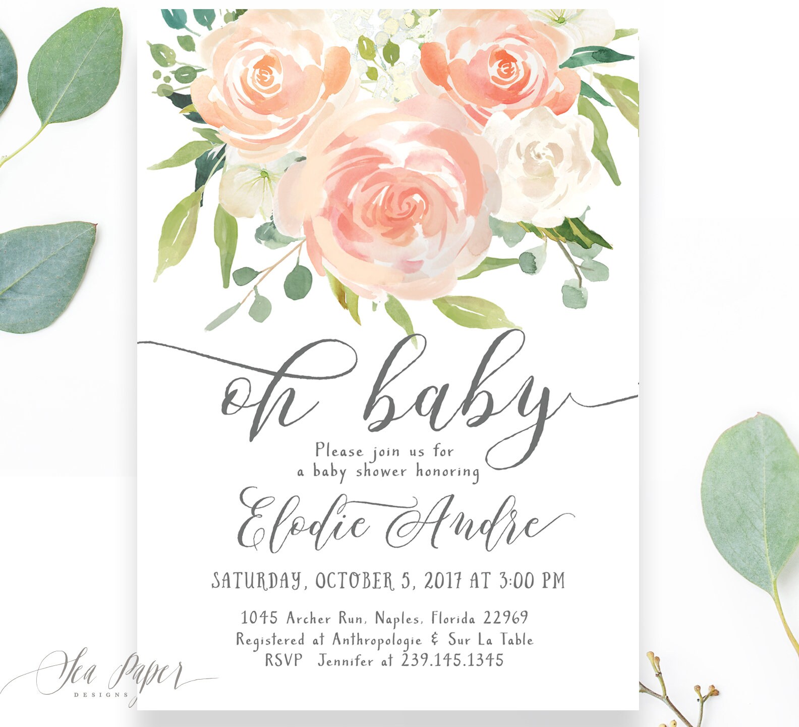 Baby Shower Invitation Girl, Oh Invite, Rustic Greenery & Blush Pink Peach Roses, Printed Or Printable - Elodie"