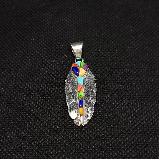 Multi-Stones Inlay Feather Shape Sterling Silver Pendant