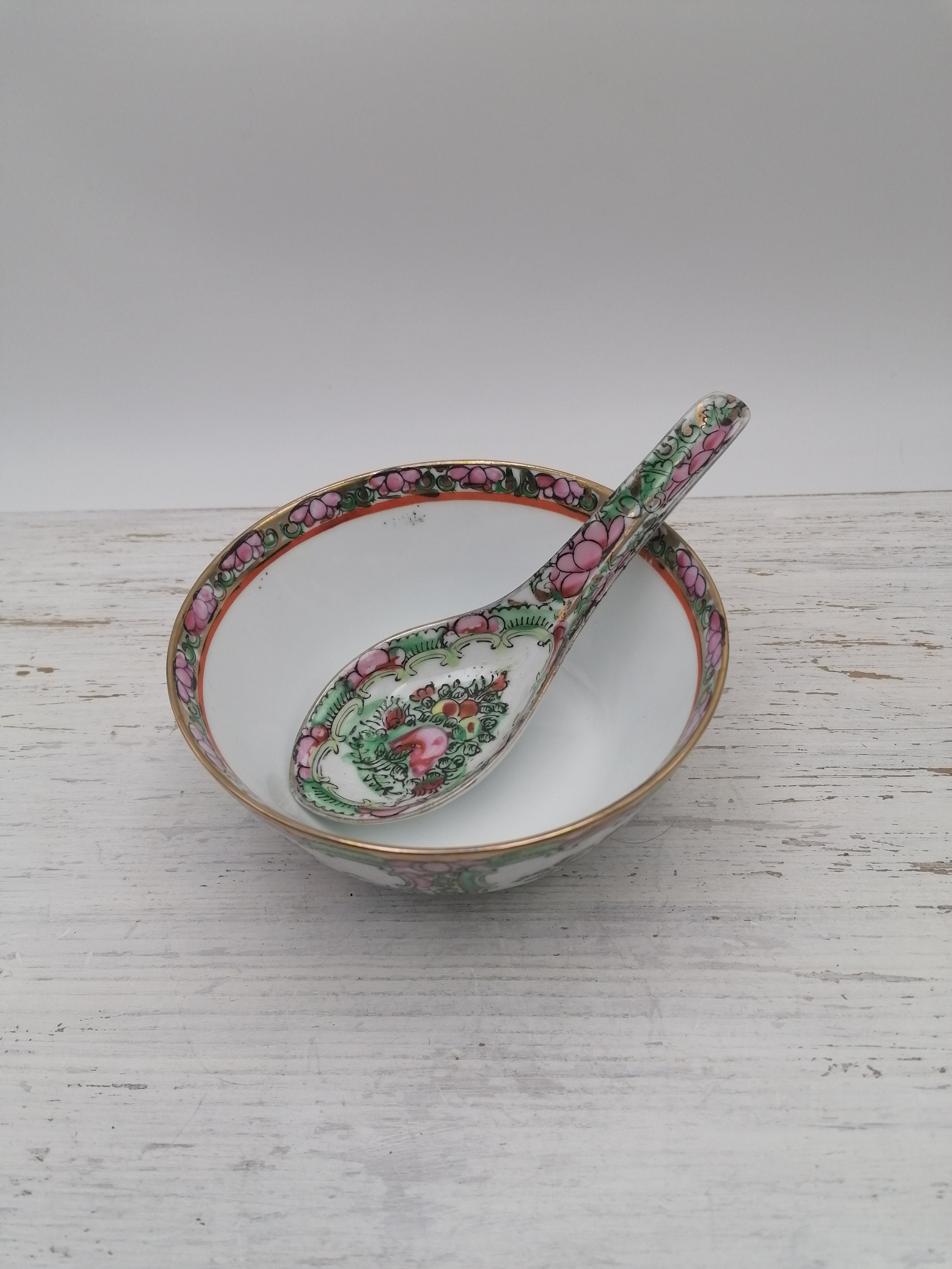 Chinese Rose Medallion Bowl With Spoon, Asian Noodle Soup Bowl, Rice Oriental Decoration Kitchenware