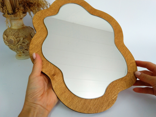 Brown Wavy Mirror Wall Decor, Oval Asymmetrical Pond, Small Irregular Vanity
