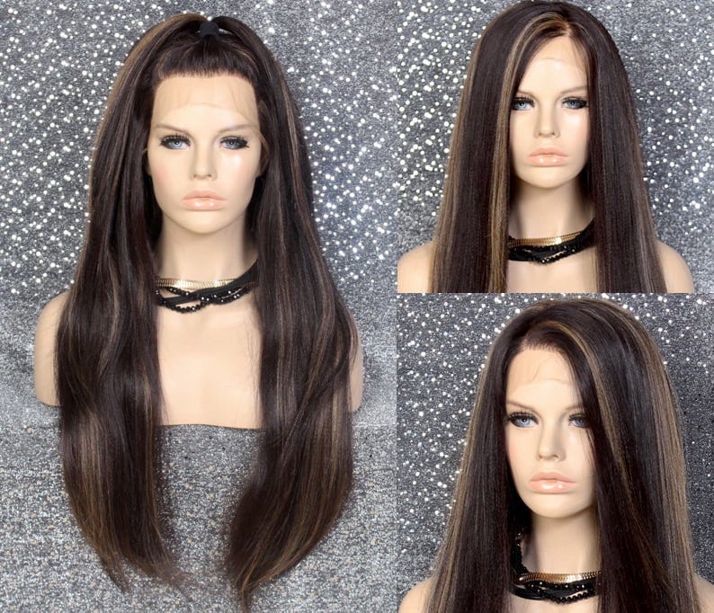 Free Parting Human Hair Blend Full Swiss Lace Front Wig Long Layered Straight Brown Frosted Light Auburn Mix Everyday Cancer Alopeica