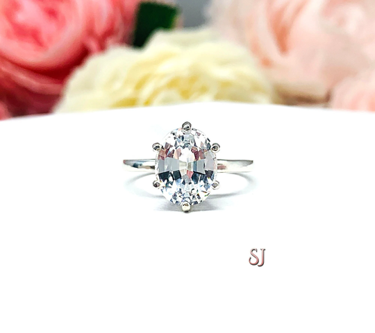Lab White Sapphire Oval Six Prong Ring