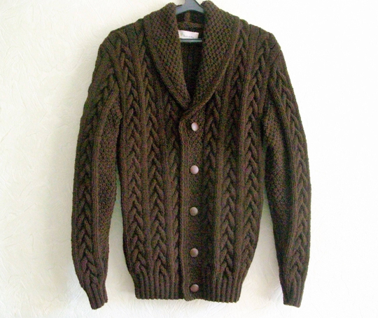 Hand Knit/Handmade Warm Wool Blend Shawl Collar Cable Men's Sweater/Cardigan Clasped On Five Buttons Custom Order